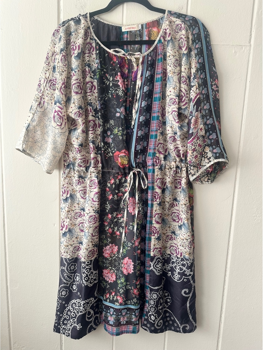 Johnny Was Patchwork Floral Silk Dress Bohemian Sheer Lightweight Size Large
